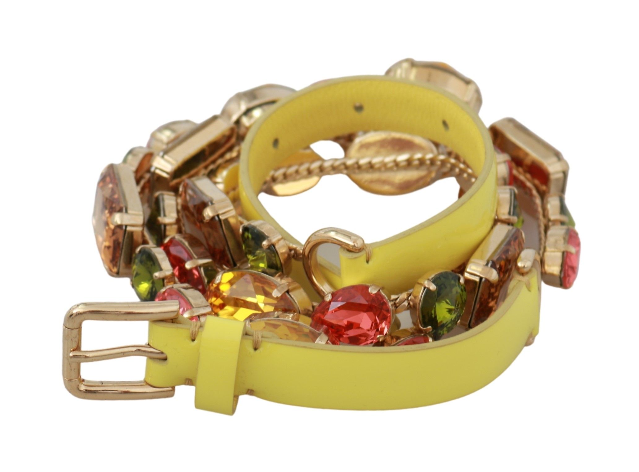 Dolce Gabbana Yellow Gold Multicolor Crystals Waist Belt 70 cm 28 Inches