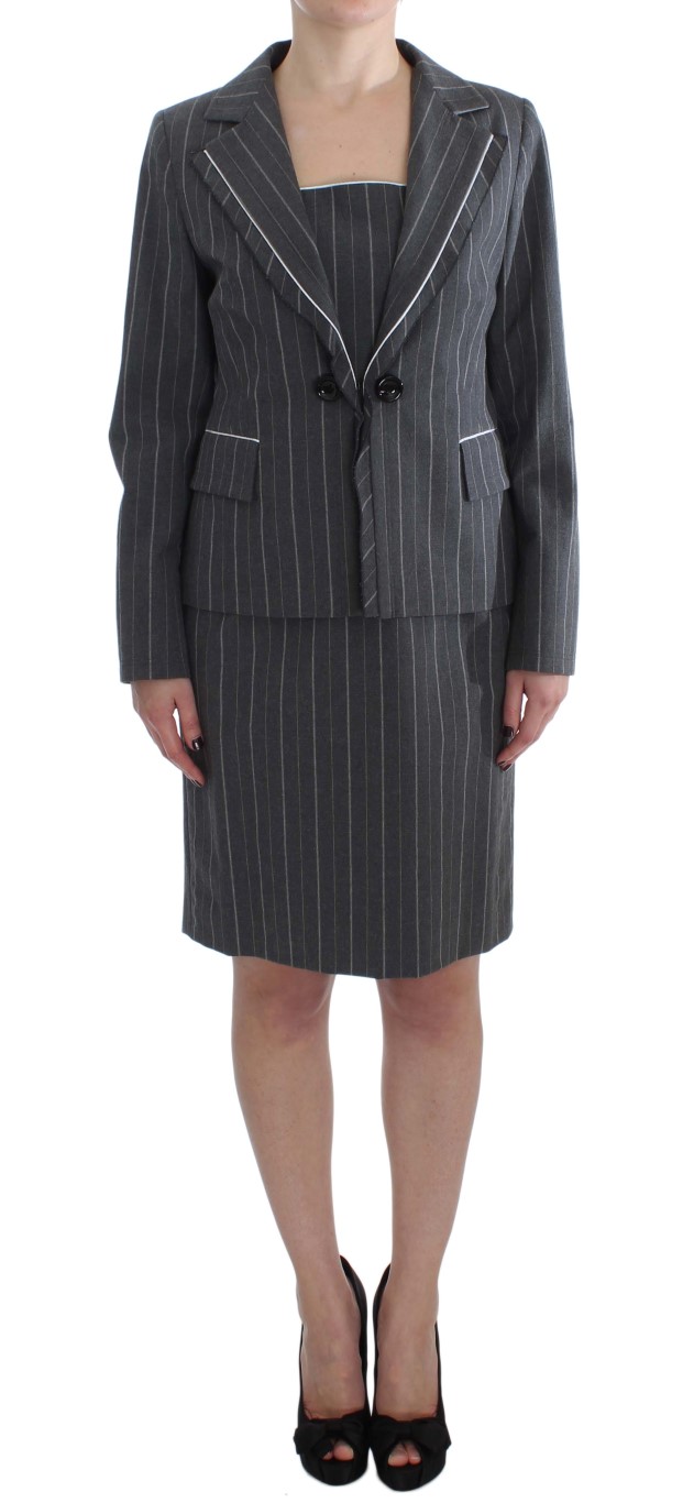 Gray BENCIVENGA Elegant Gray Striped Dress & Blazer Suit Set IT52 | XL