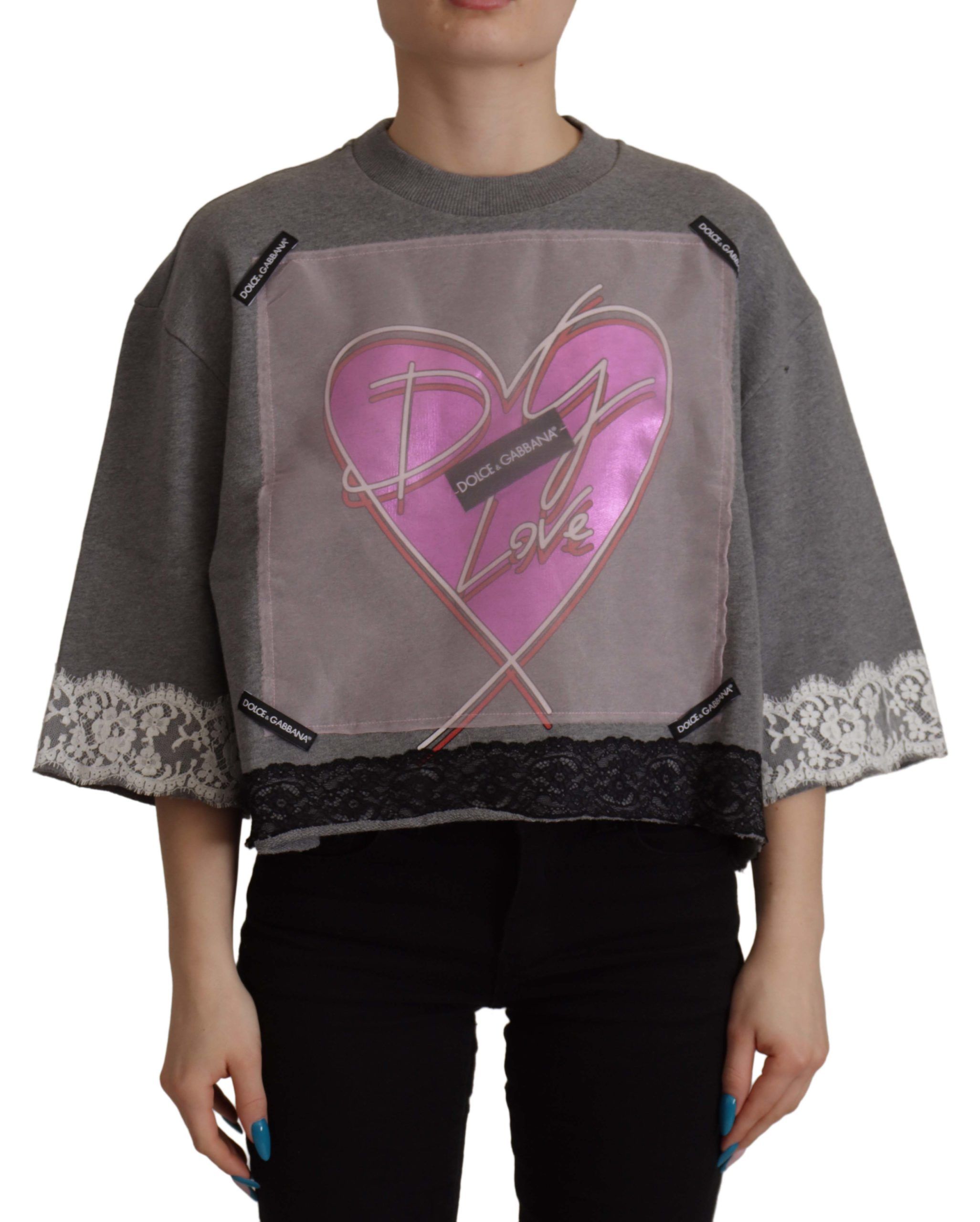 Grey Dolce & Gabbana Chic Grey Cotton Heart Tee with Bell Sleeves IT36 | XS