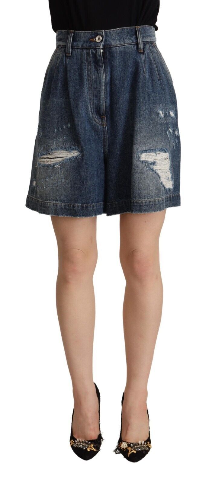 Blue Dolce & Gabbana Chic High-Waisted Distressed Bermuda Shorts IT40|S