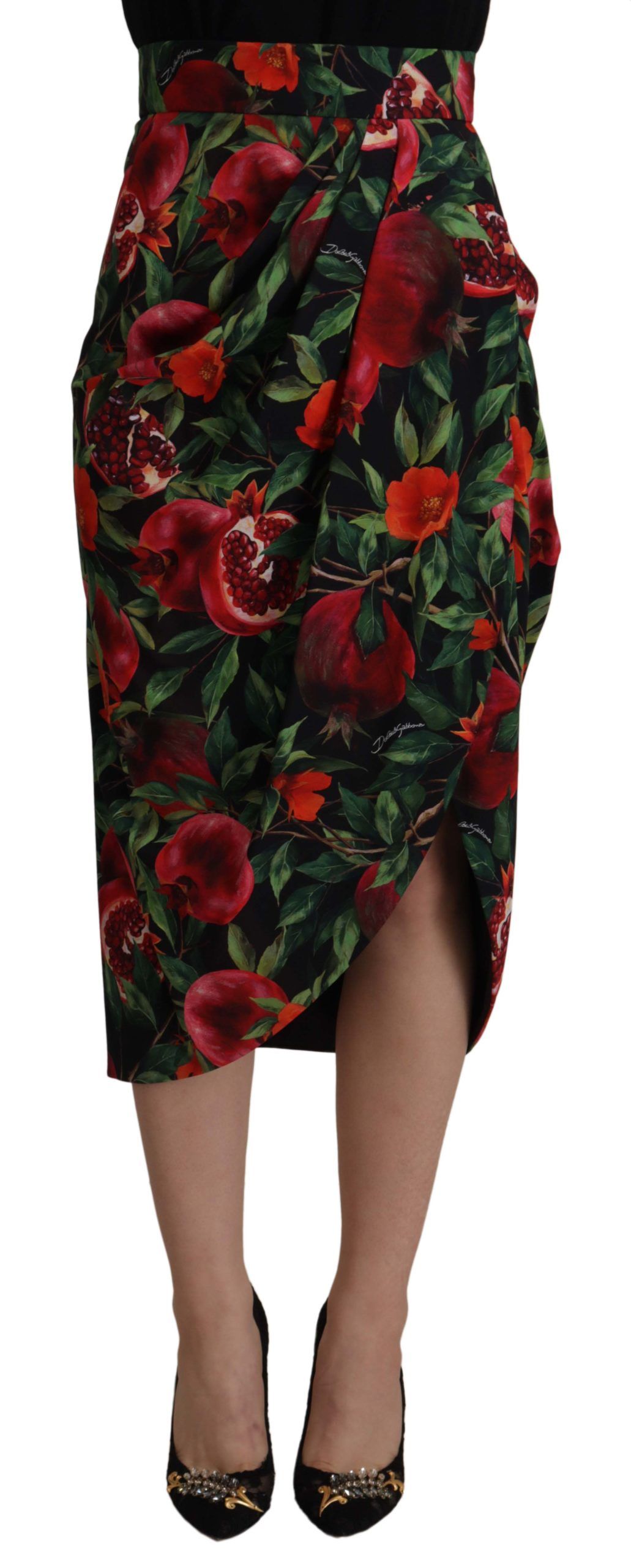Black and Red Dolce & Gabbana Chic Midi Wrap Skirt with Fruit Motif IT38|XS