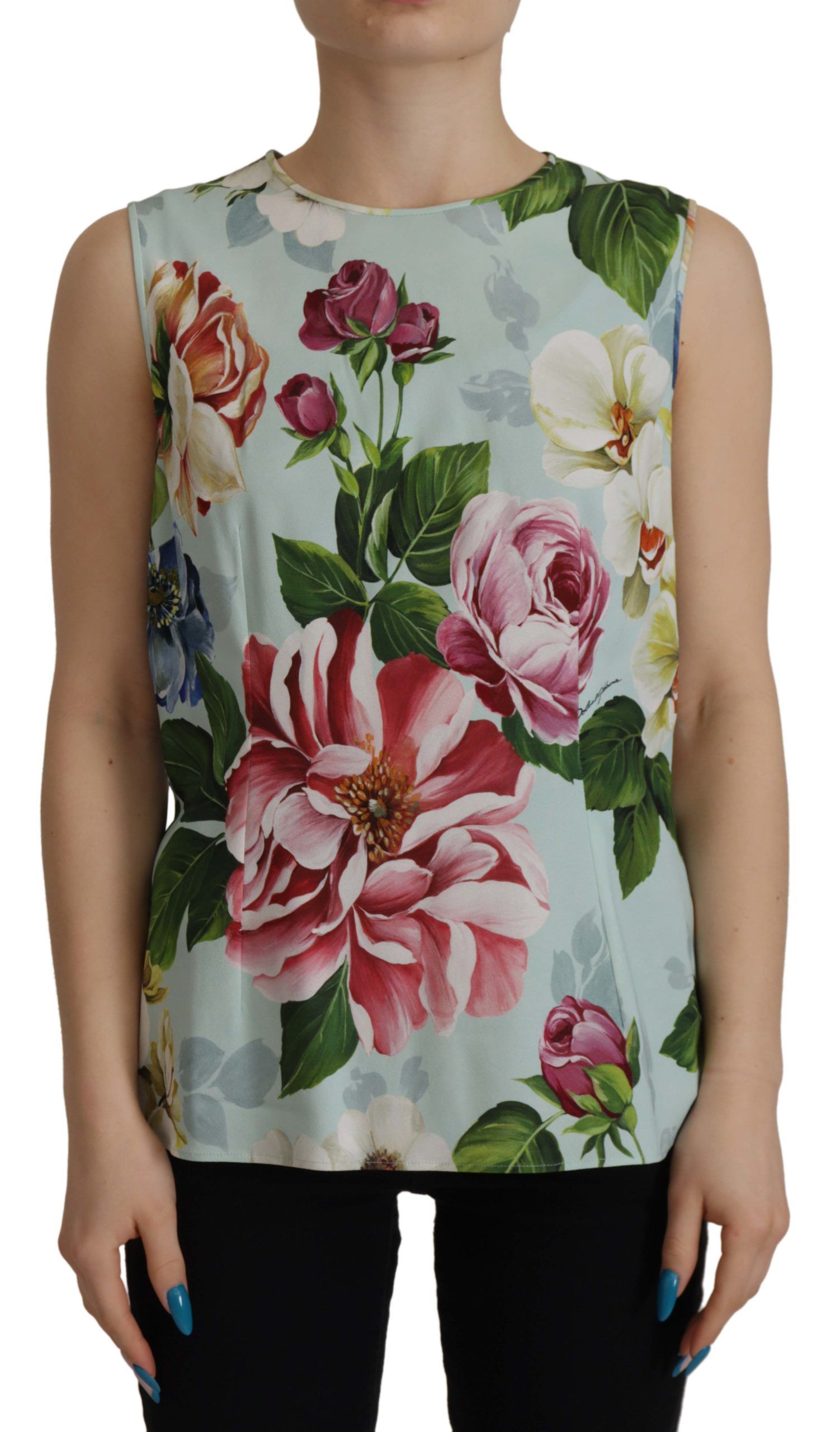 Rose Dolce & Gabbana Chic Round Neck Sleeveless Tank with Tropical Rose Print IT44|L