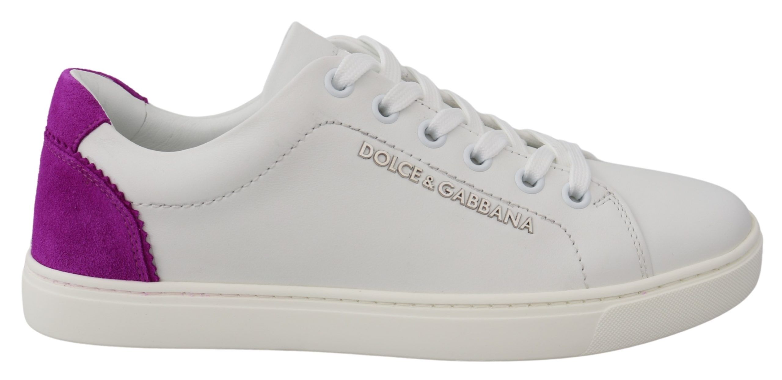 White Dolce & Gabbana Chic White Leather Sneakers with Purple Accents EU35.5/US5.5