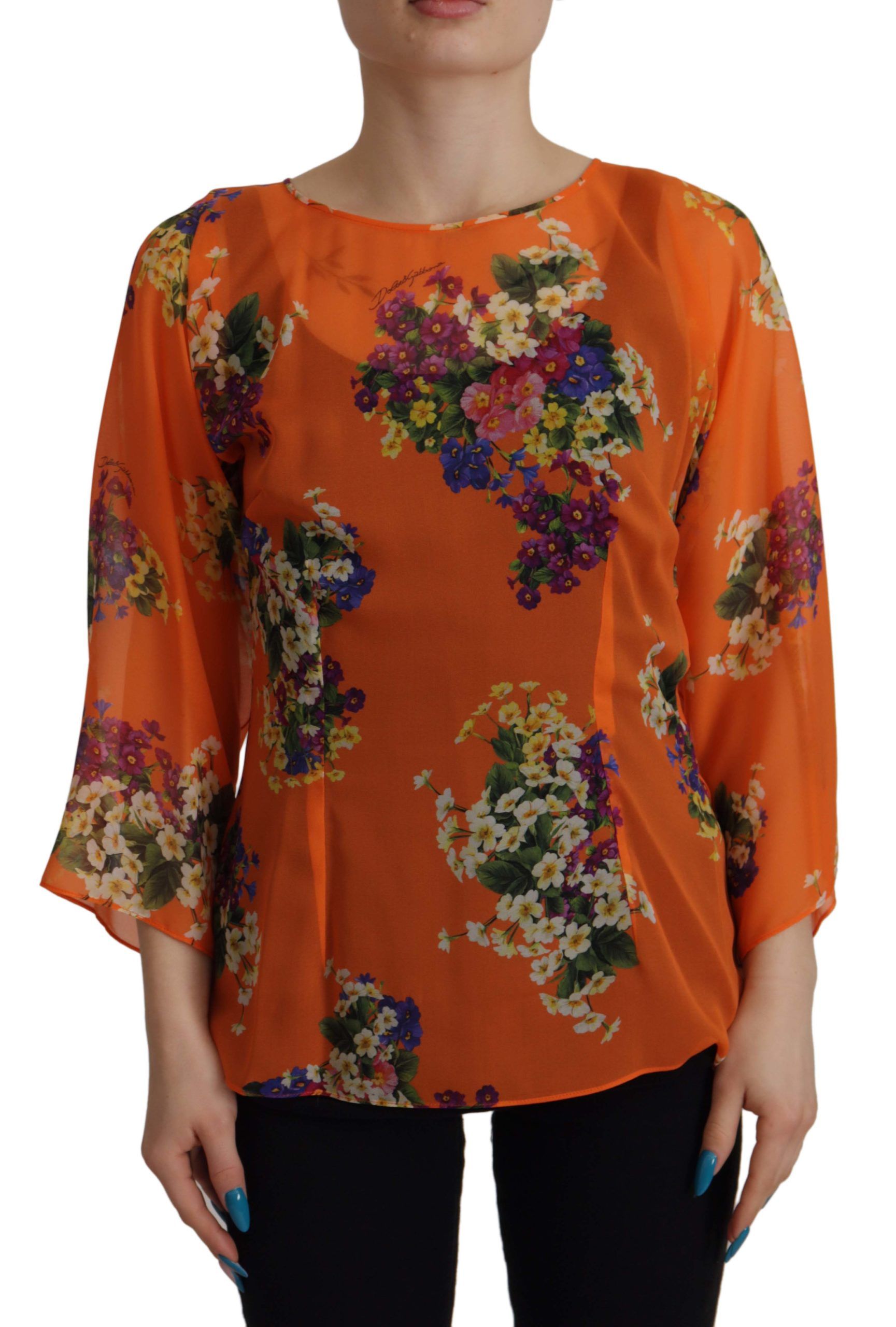 Orange Dolce & Gabbana Elegant Floral Silk Blouse with Back Zipper IT40|S