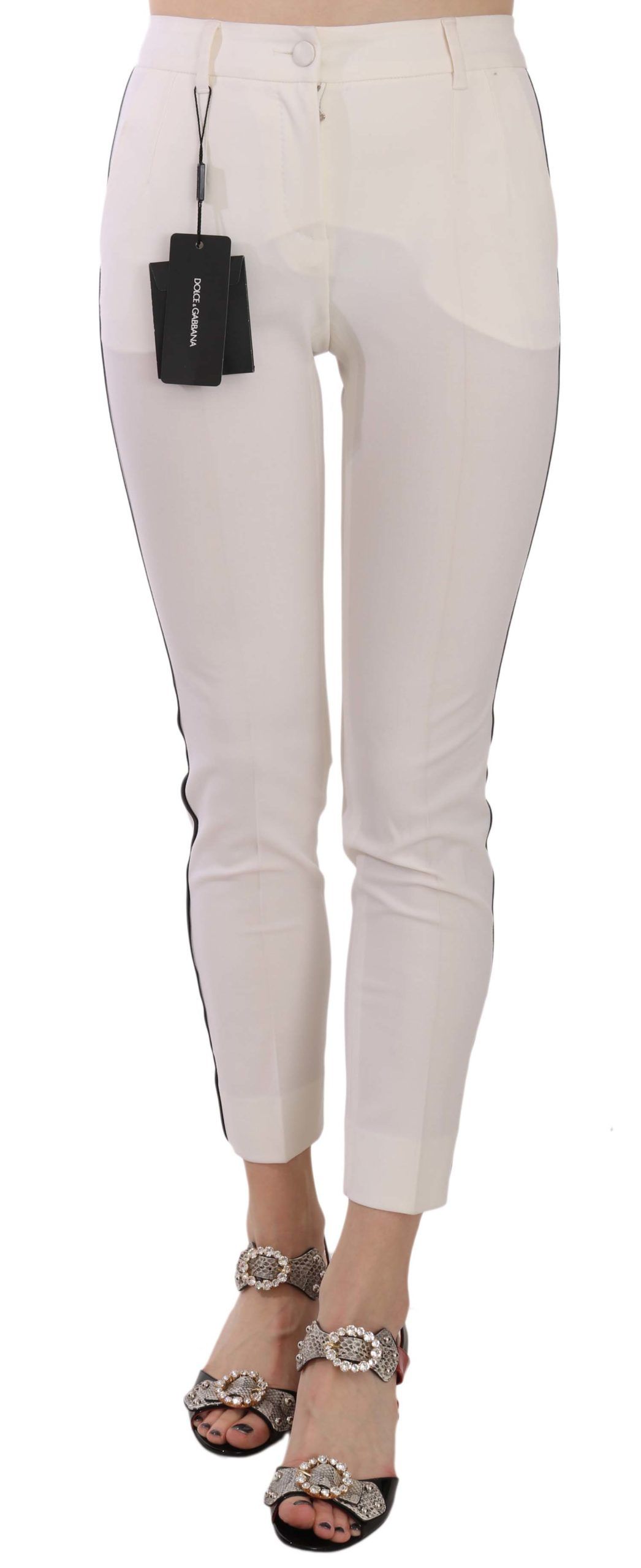 White Dolce & Gabbana Elegant Side Stripe Cropped Wool Trousers IT36|XXS