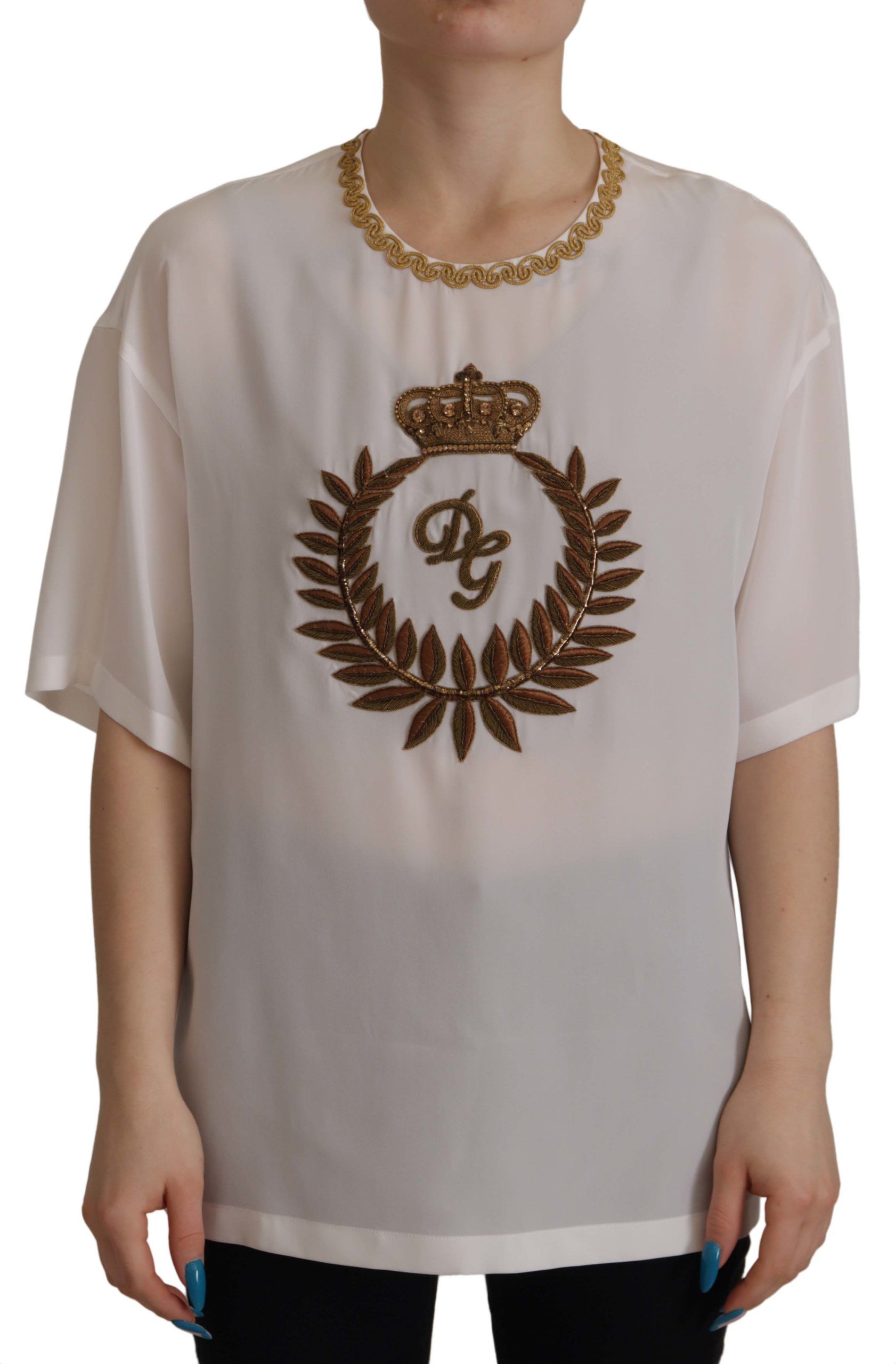 White Dolce & Gabbana Elegant Silk Blouse with Gold Crown Embroidery IT36 | XS