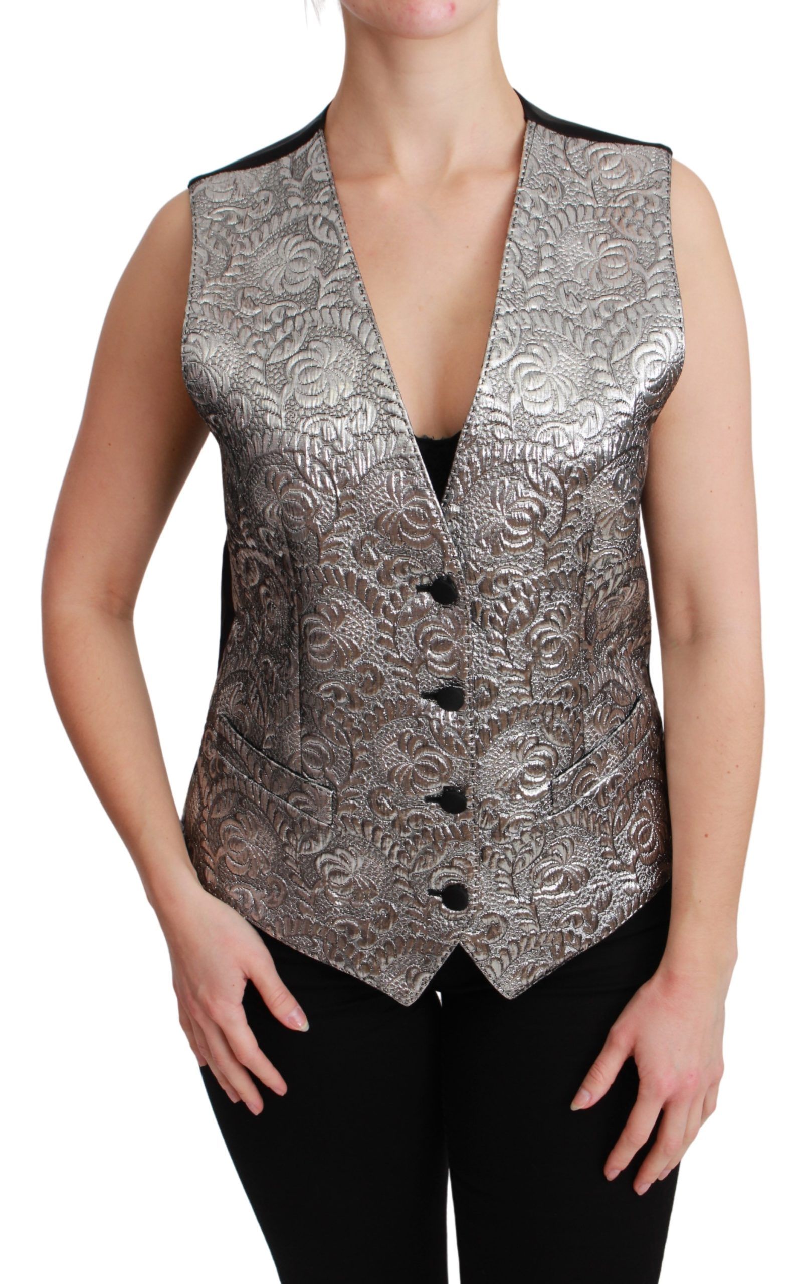 Silver Dolce & Gabbana Elegant Silver Sleeveless Brocade Vest IT40|S