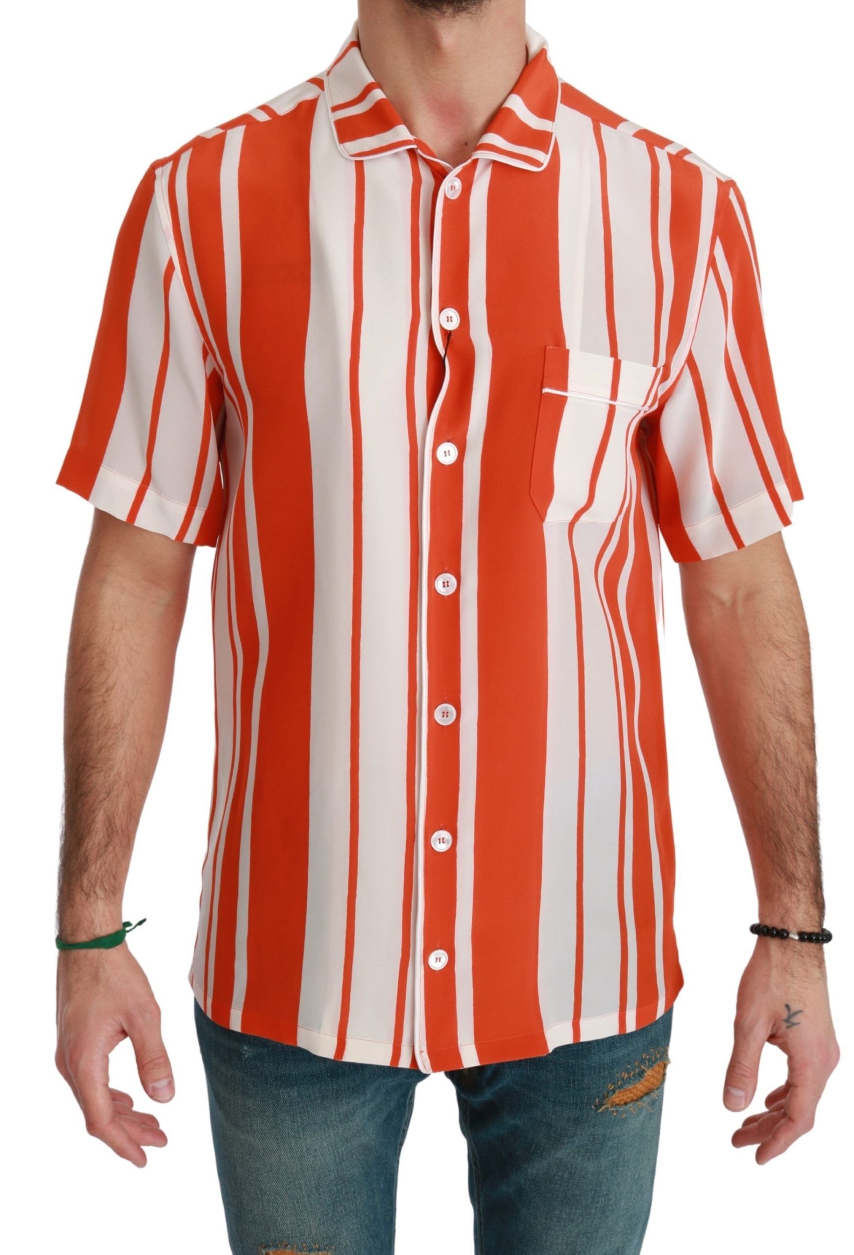 Orange Dolce & Gabbana Elegant Striped Silk Shirt - White & Orange IT38 | XS