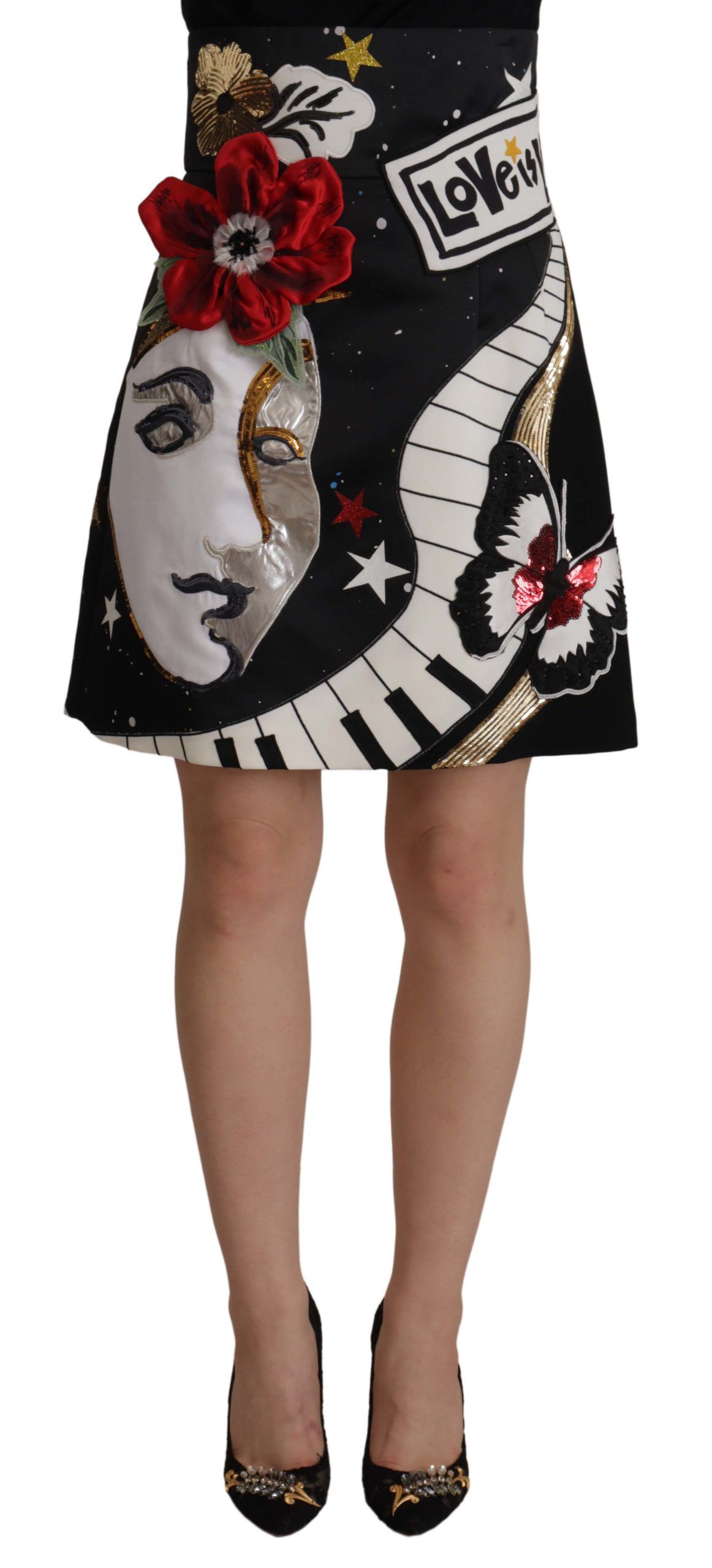 Black Dolce & Gabbana High-Waist A-Line Embellished Black Skirt IT36|XXS