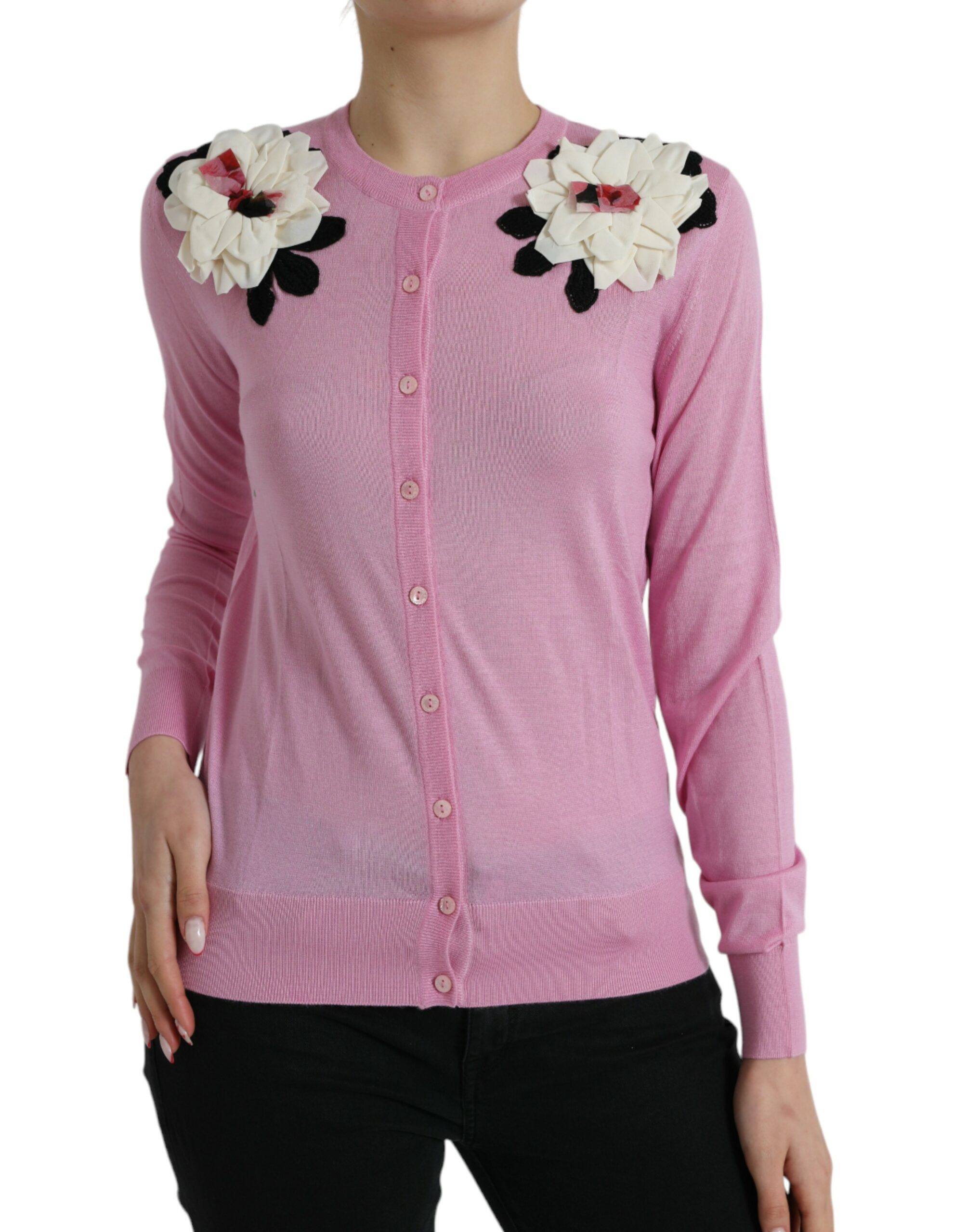 Pink Dolce & Gabbana Pink Floral Crew Neck Button Cardigan Sweater IT42|M