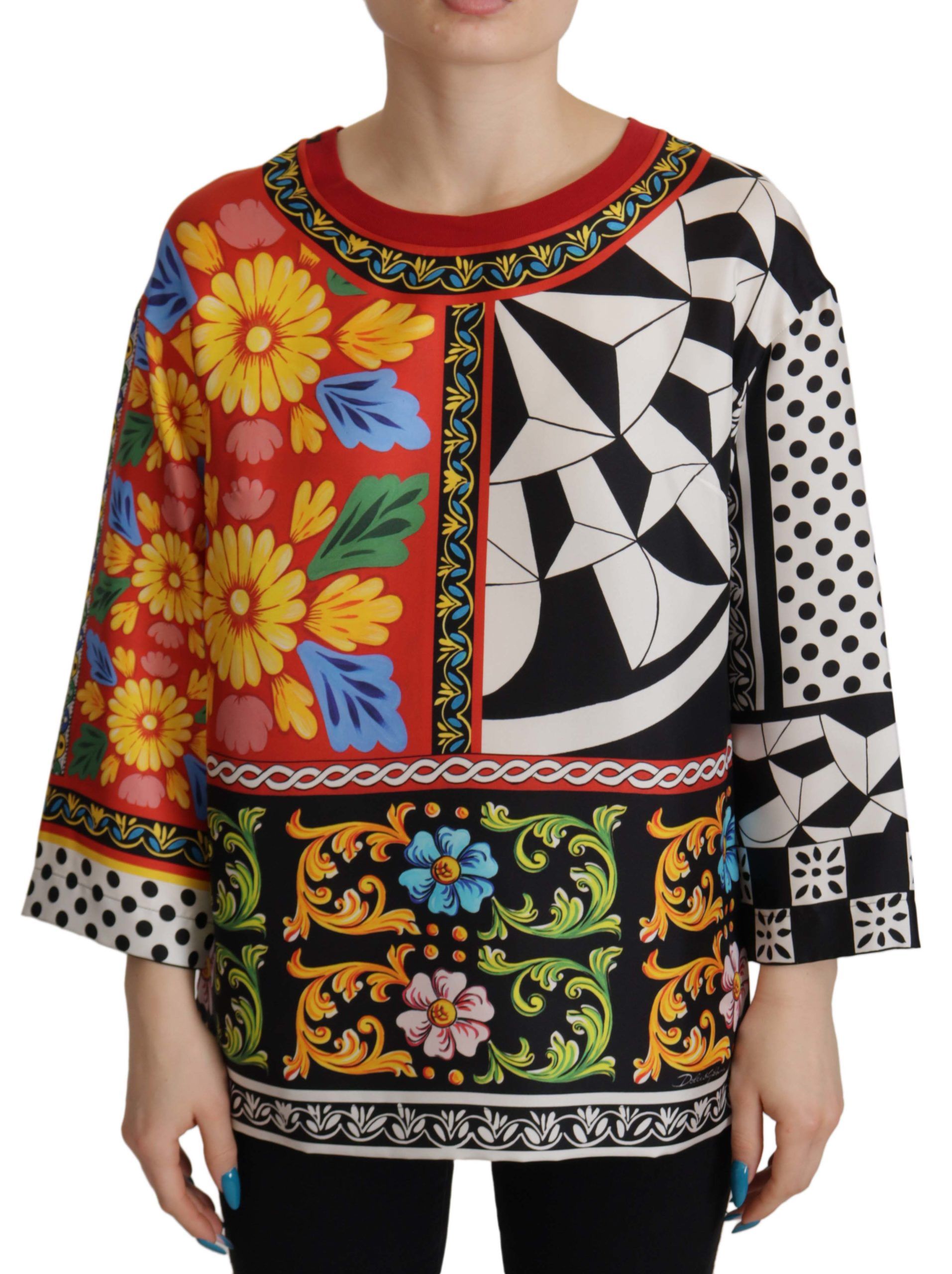 Multicolor Dolce & Gabbana Silk Baroque Floral Round Neck Blouse IT38|XS