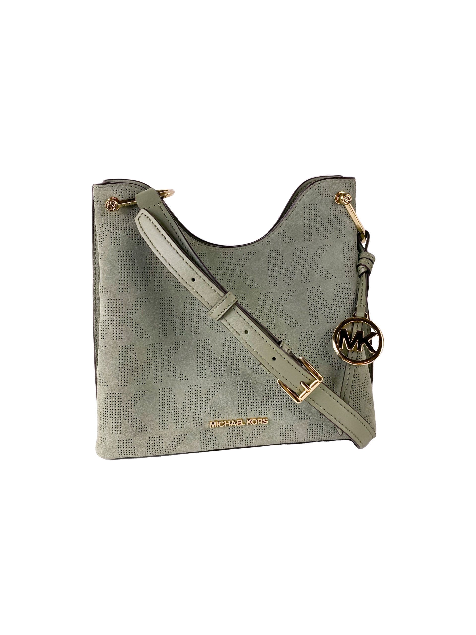 Green Michael Kors Joan Large Perforated Suede Leather Slouchy Messenger Handbag (Army Green)