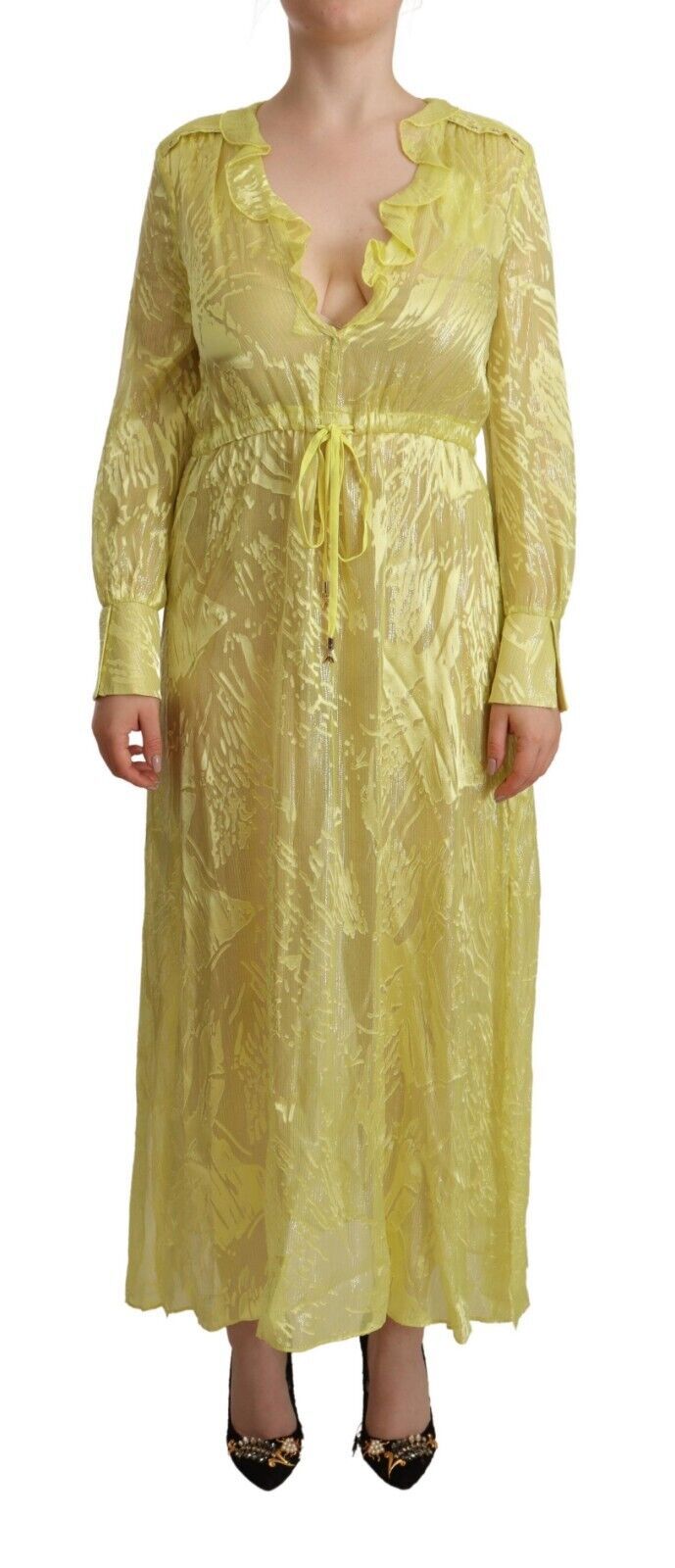 Yellow Patrizia Pepe Sunshine Silk Blend Maxi Dress - Long Sleeves & Plunge IT40|S