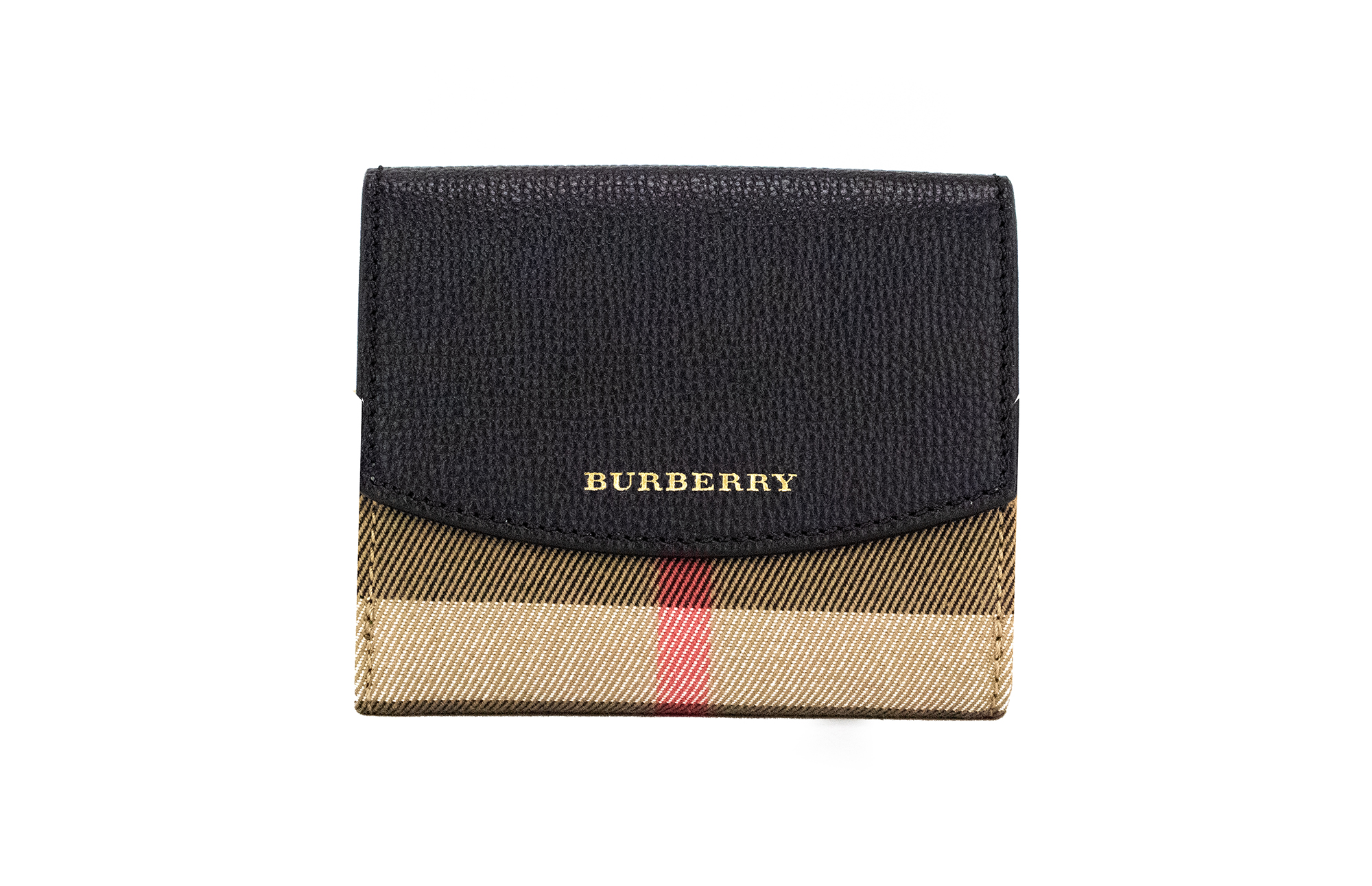 Burberry Luna Black Grained Leather House Check Canvas Coin Pouch Snap Wallet