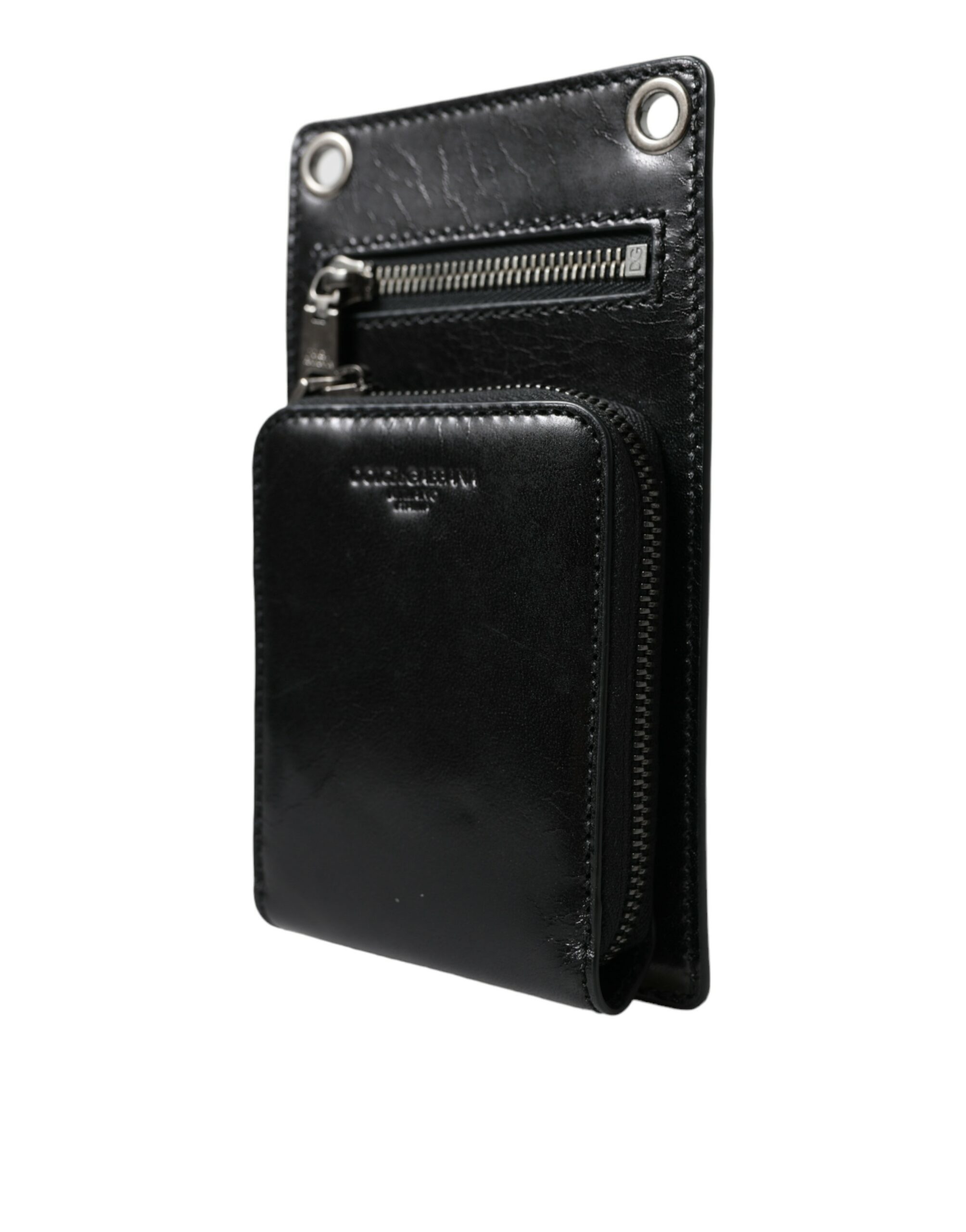 Black Dolce & Gabbana Black Calf Leather Zip Logo Shoulder Neck Strap Wallet