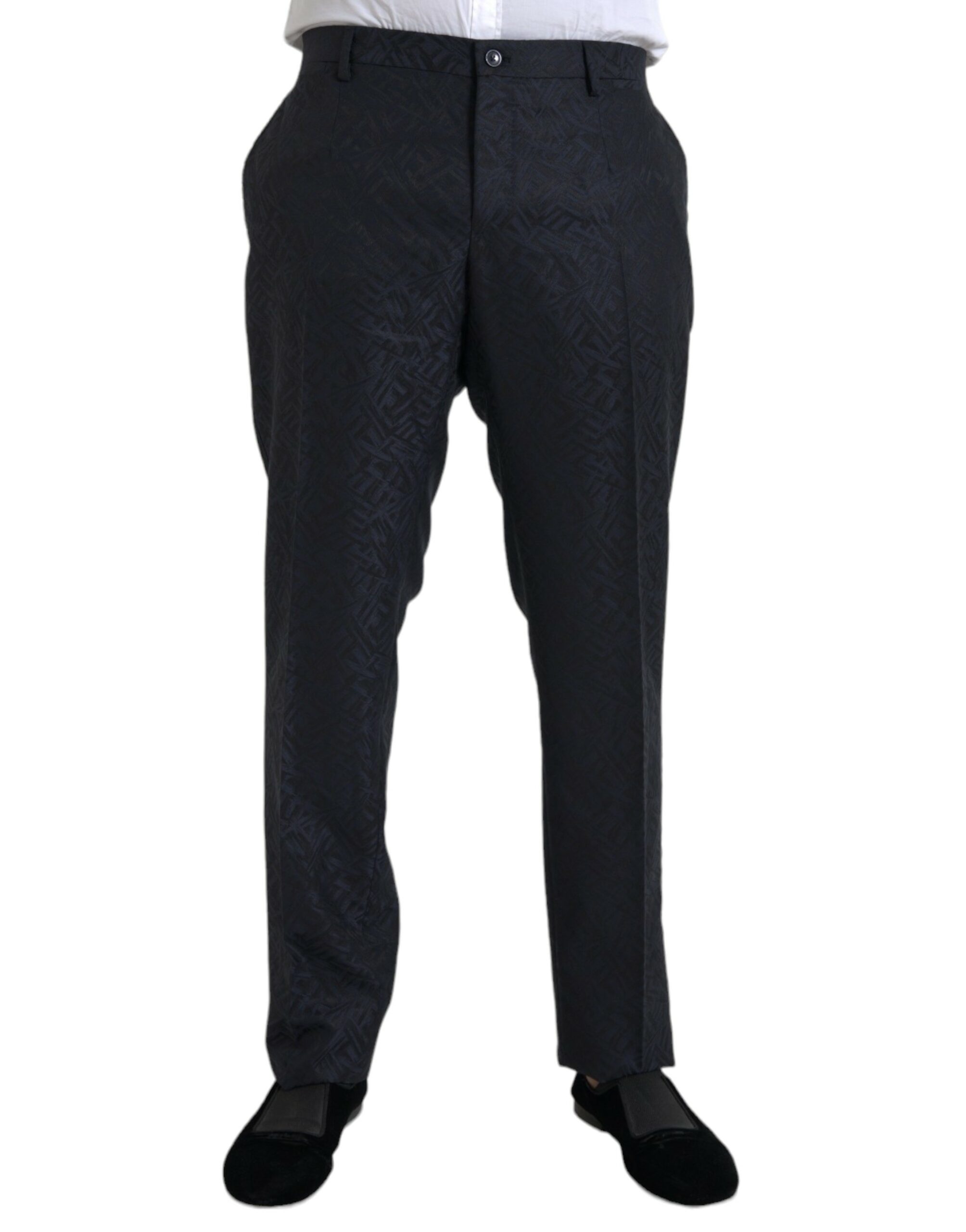 Blue Dolce & Gabbana Blue Brocade Wool Skinny Men Dress Pants IT56 | XXL