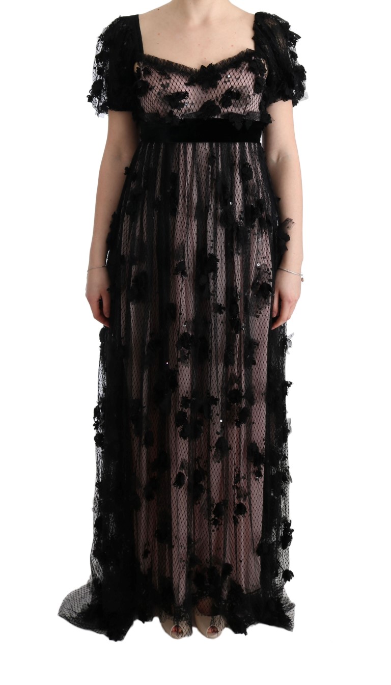 Black Dolce & Gabbana Elegant Floral Applique Full Length Dress IT38|XS