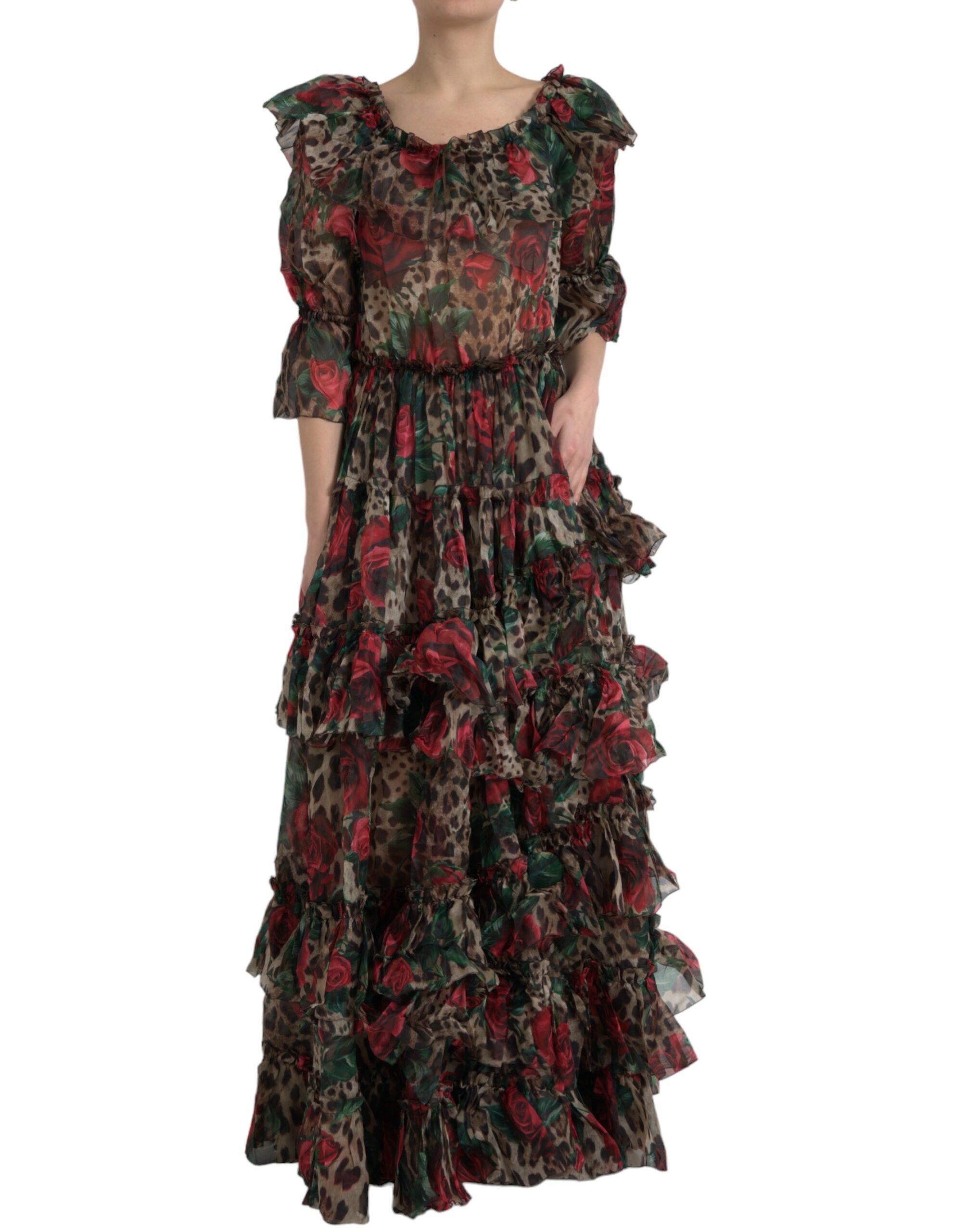 Multicolor Dolce & Gabbana Ethereal Floral & Leopard Print Maxi Gown IT42|M