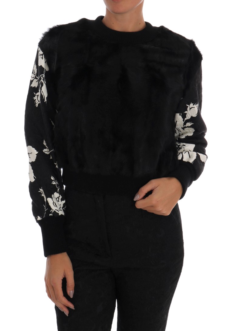 Black Dolce & Gabbana Floral Brocade Black Fur Sweater IT36 | XS