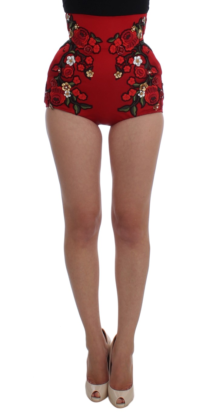 Red Dolce & Gabbana Glamorous Red Silk Floral Embroidered Shorts IT40|S