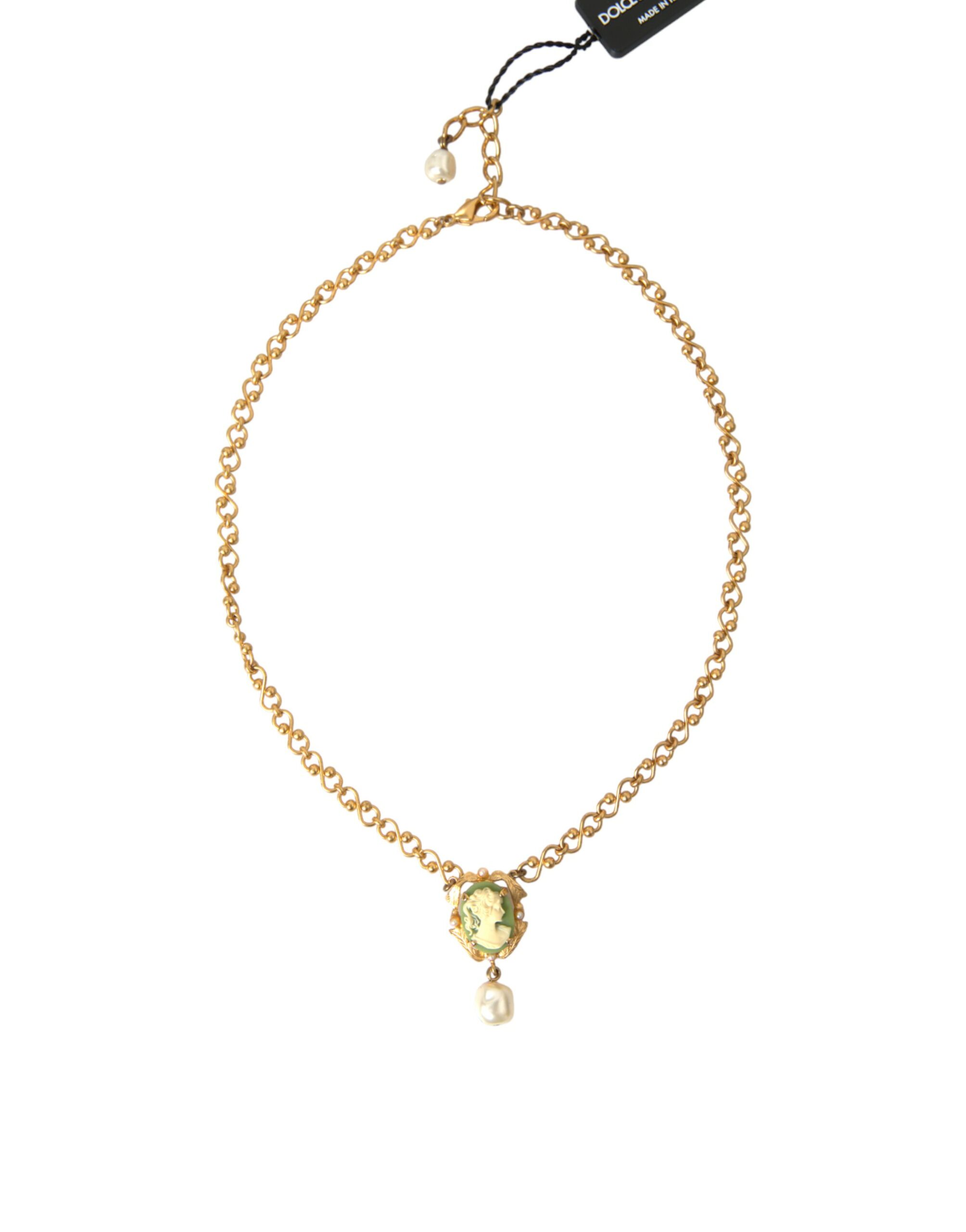 Gold Dolce & Gabbana Gold Brass Chain Pearl Pendant Charm Necklace
