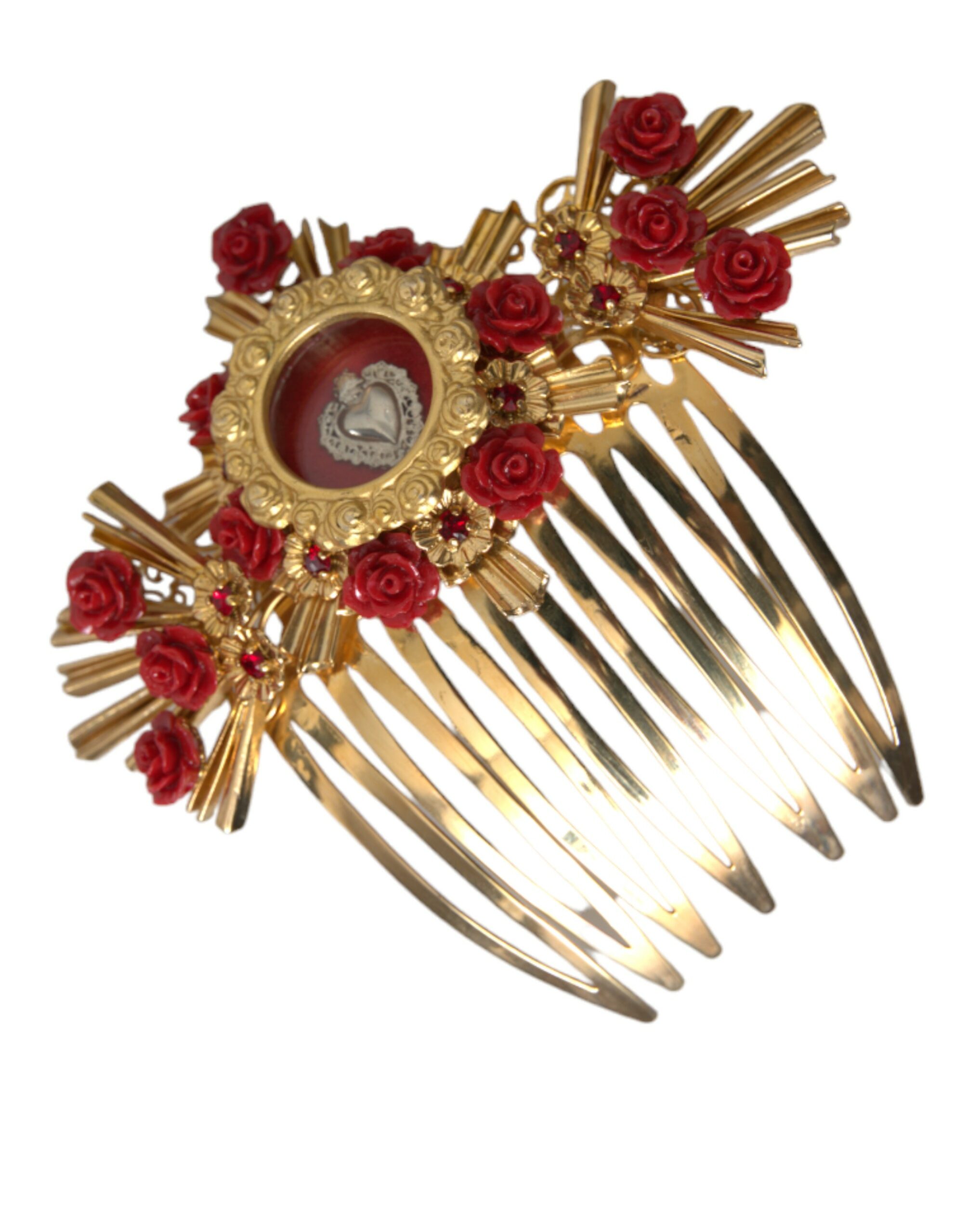 Gold Dolce & Gabbana Gold Brass Crystal Heart Floral Hair Comb
