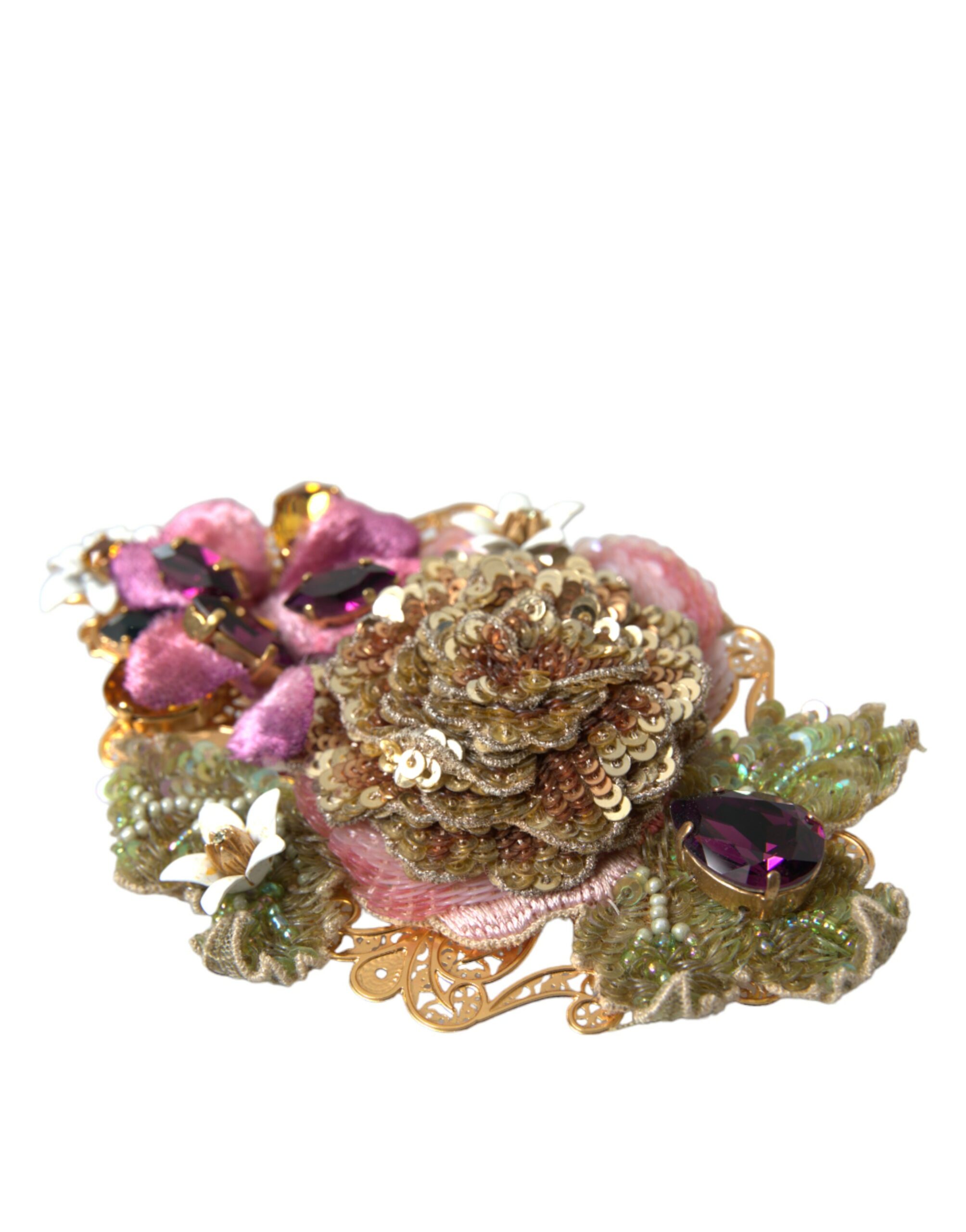 Multicolor Dolce & Gabbana Gold Brass Floral Crystal Sequined Hair Clip