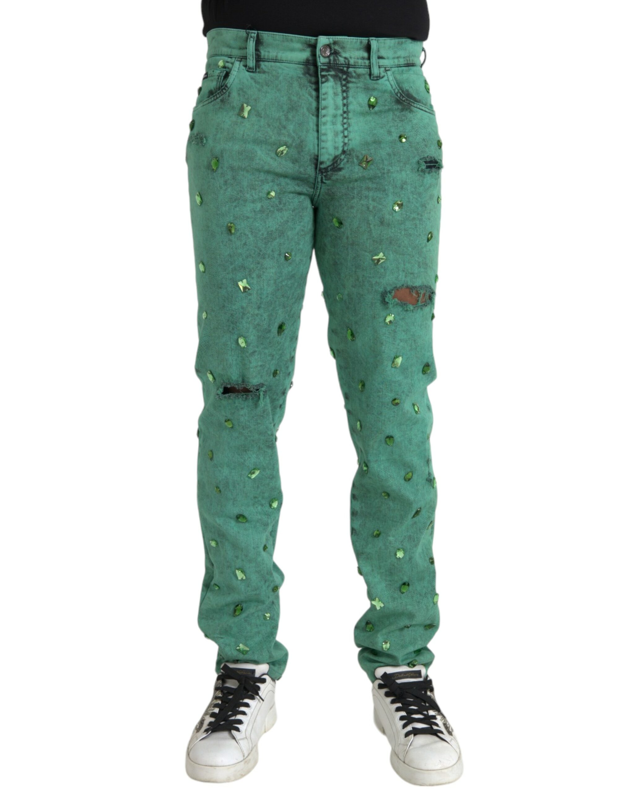 Green Dolce & Gabbana Green Crystals Cotton Stretch Slim Jeans IT50 | L