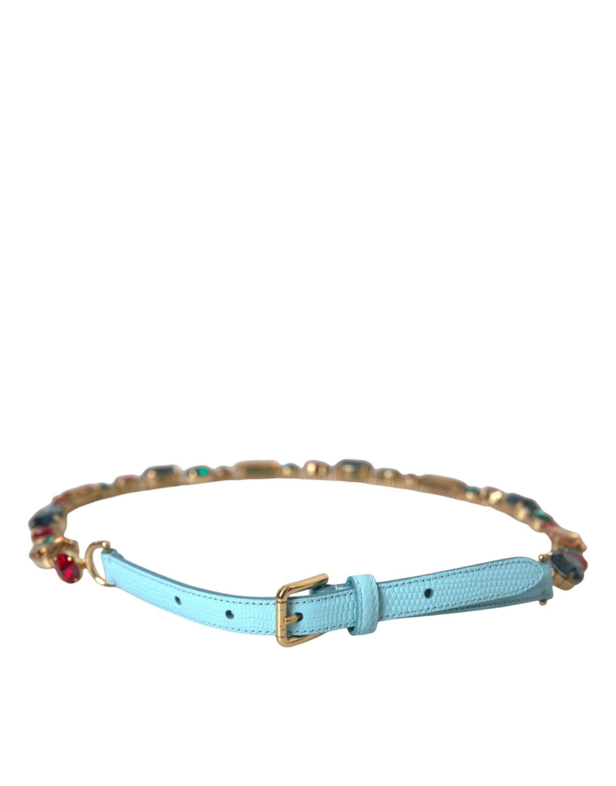 Dolce Gabbana Light Blue Leather Crystal Chain Waist Belt 85 cm 34 Inches