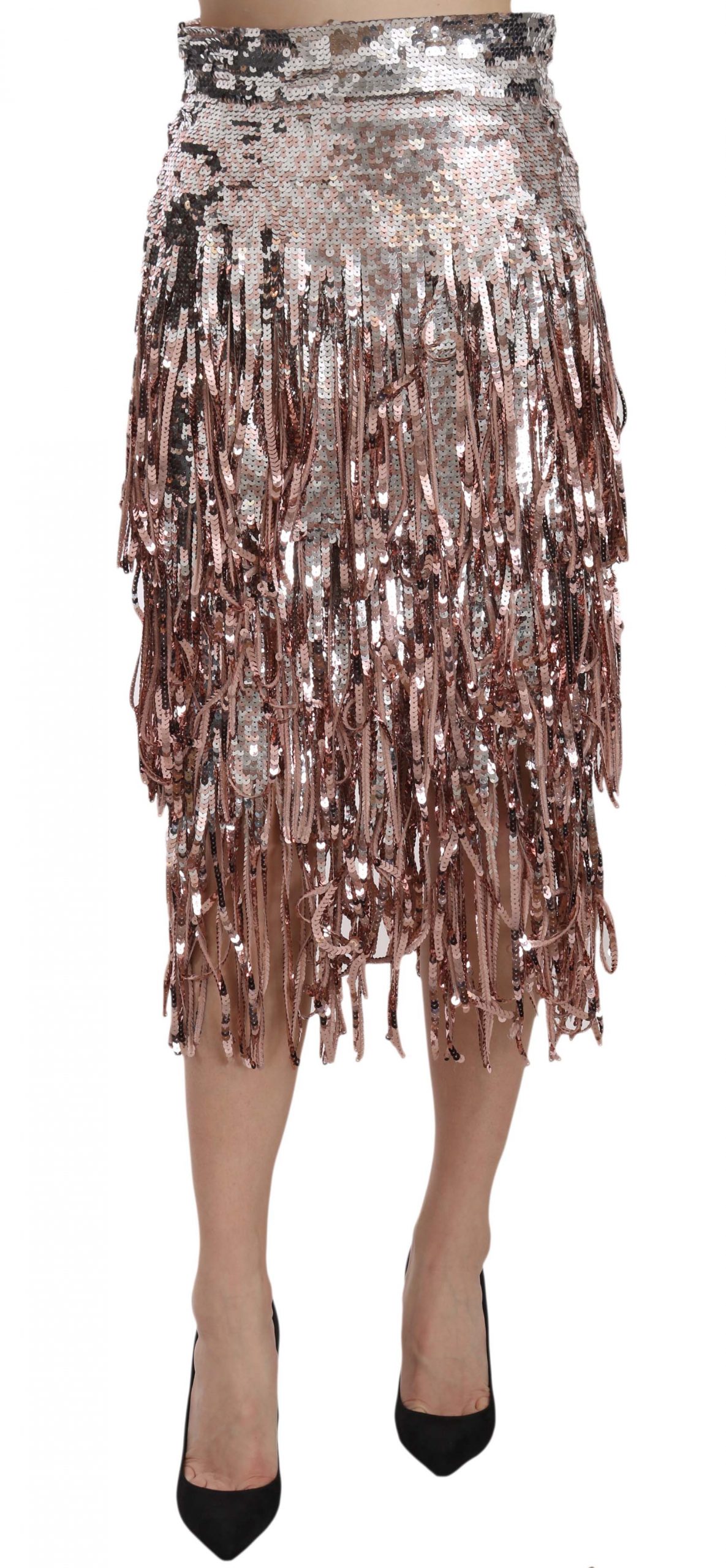 Silver Dolce & Gabbana Metallic Sequin Tulle High-Waist Midi Skirt IT44|L