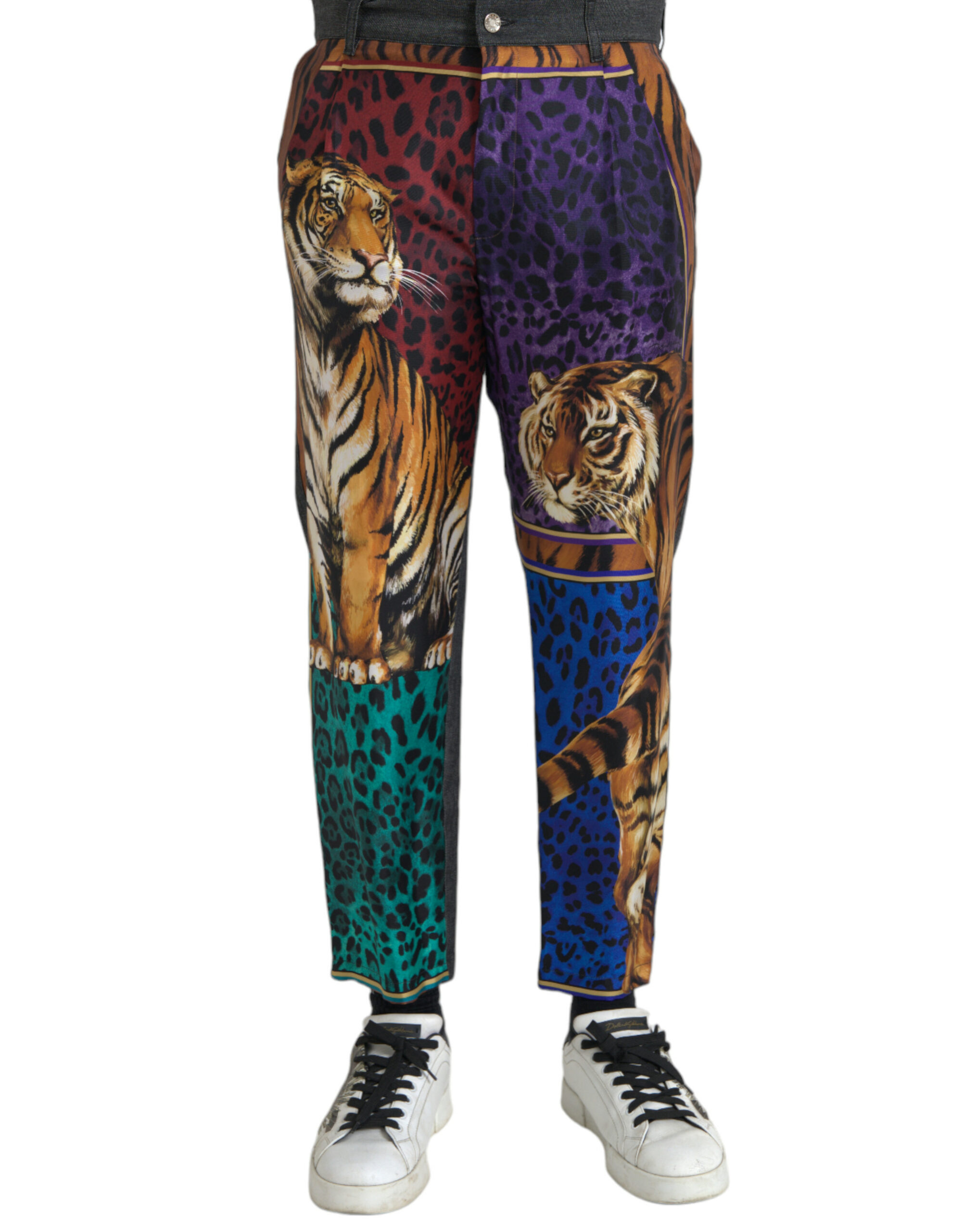 Multicolor Dolce & Gabbana Multicolor Tiger Leopard Cotton Loose Tapered Pants IT60 | 3XL