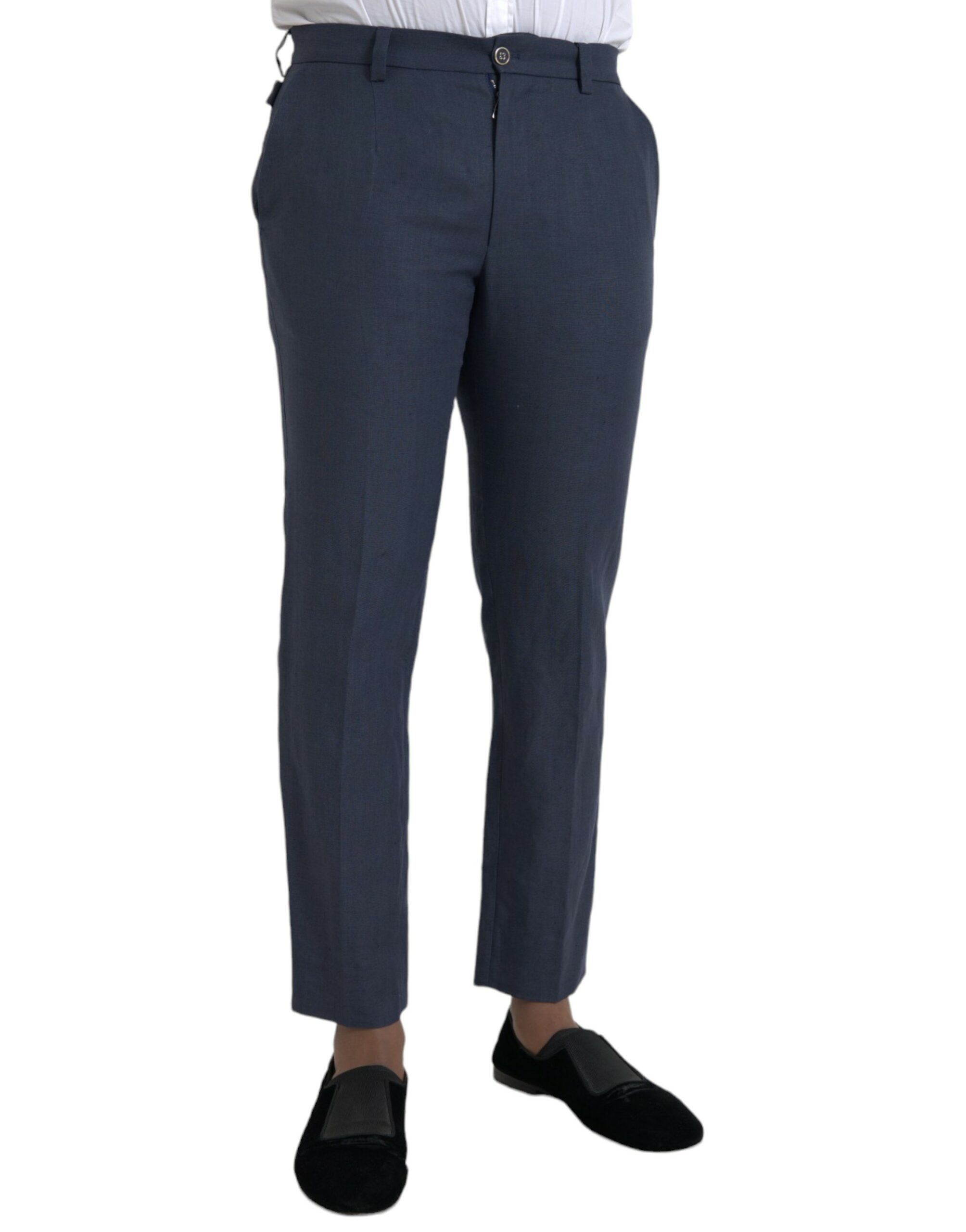 Navy Blue Dolce & Gabbana Navy Blue Linen Men Slim Dress Pants IT48 | M