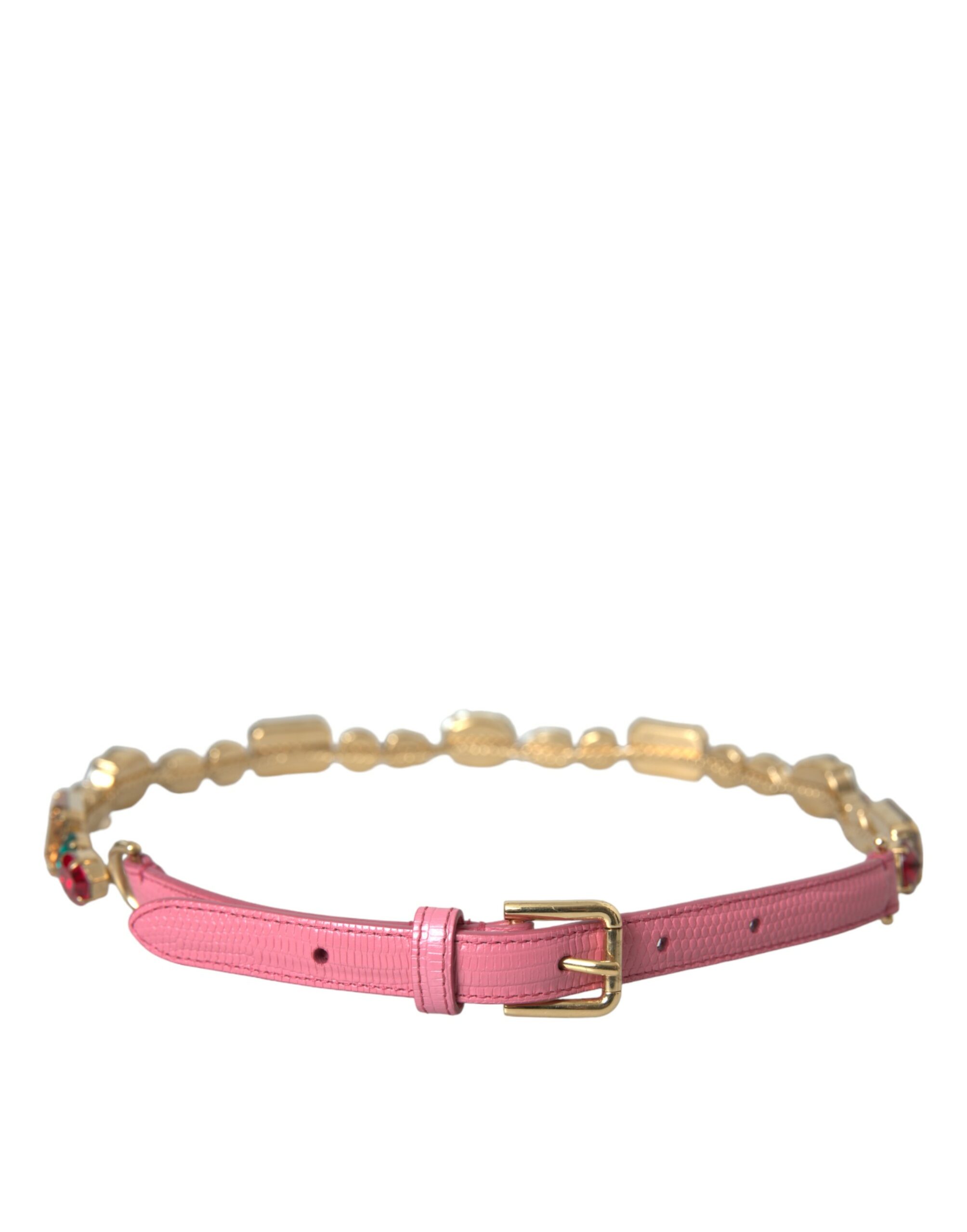 Dolce Gabbana Pink Leather Crystal Chain Embellished Belt 70 cm 28 Inches
