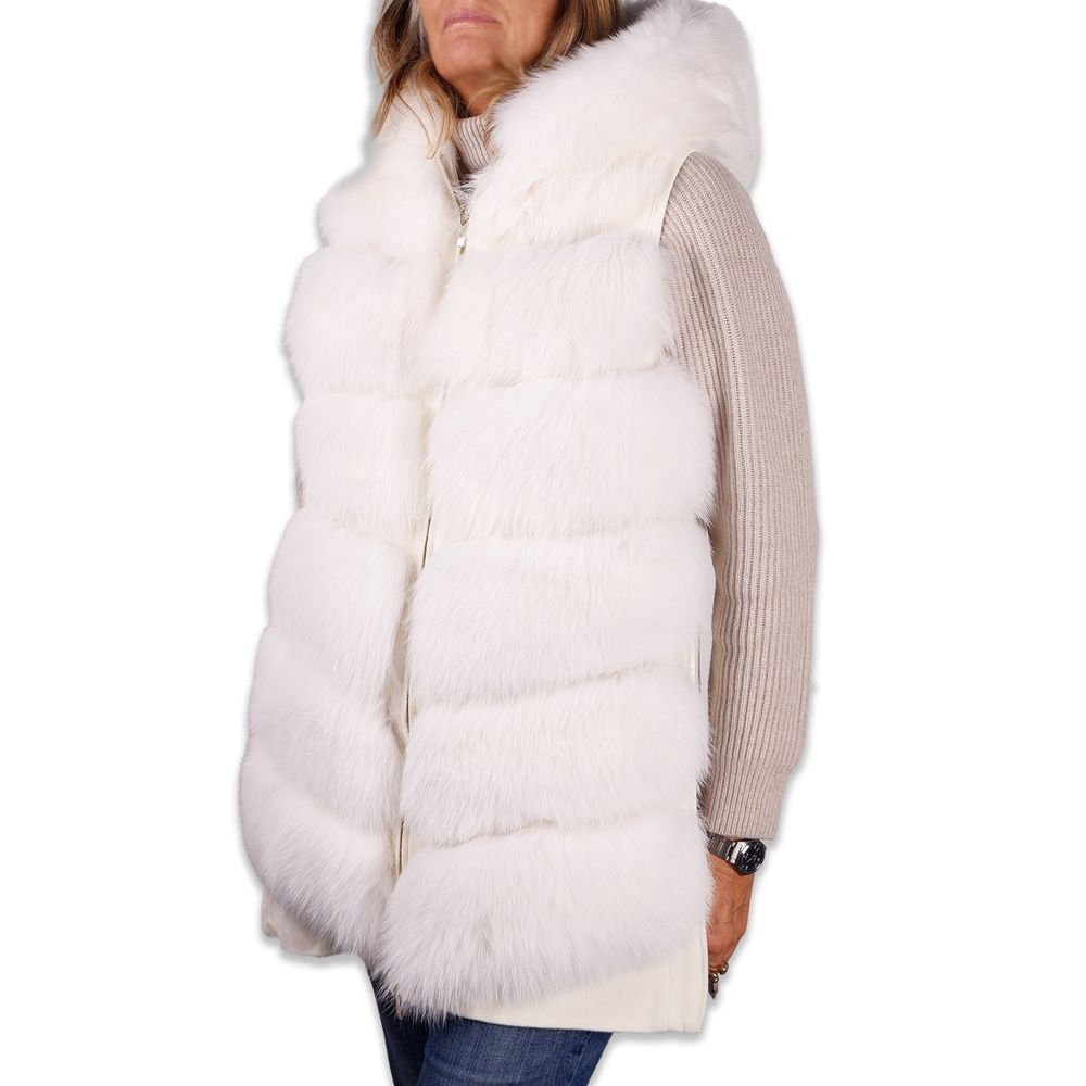 White Made in Italy Elegant Sleeveless Wool Coat with Fox Fur Detail IT40|S