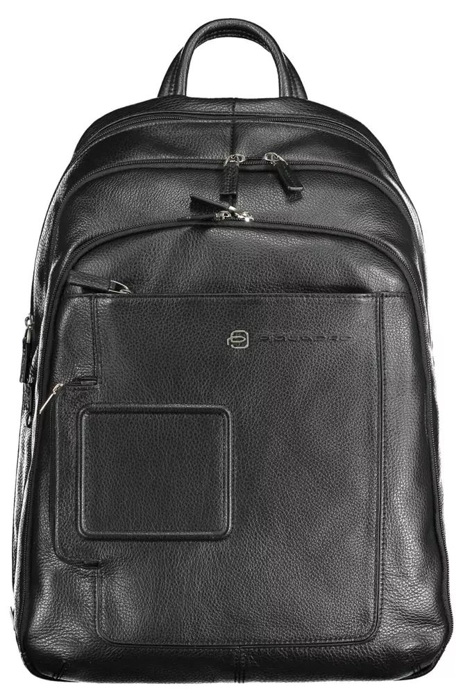 Black Piquadro Elegant Black Leather Backpack with Laptop Compartment