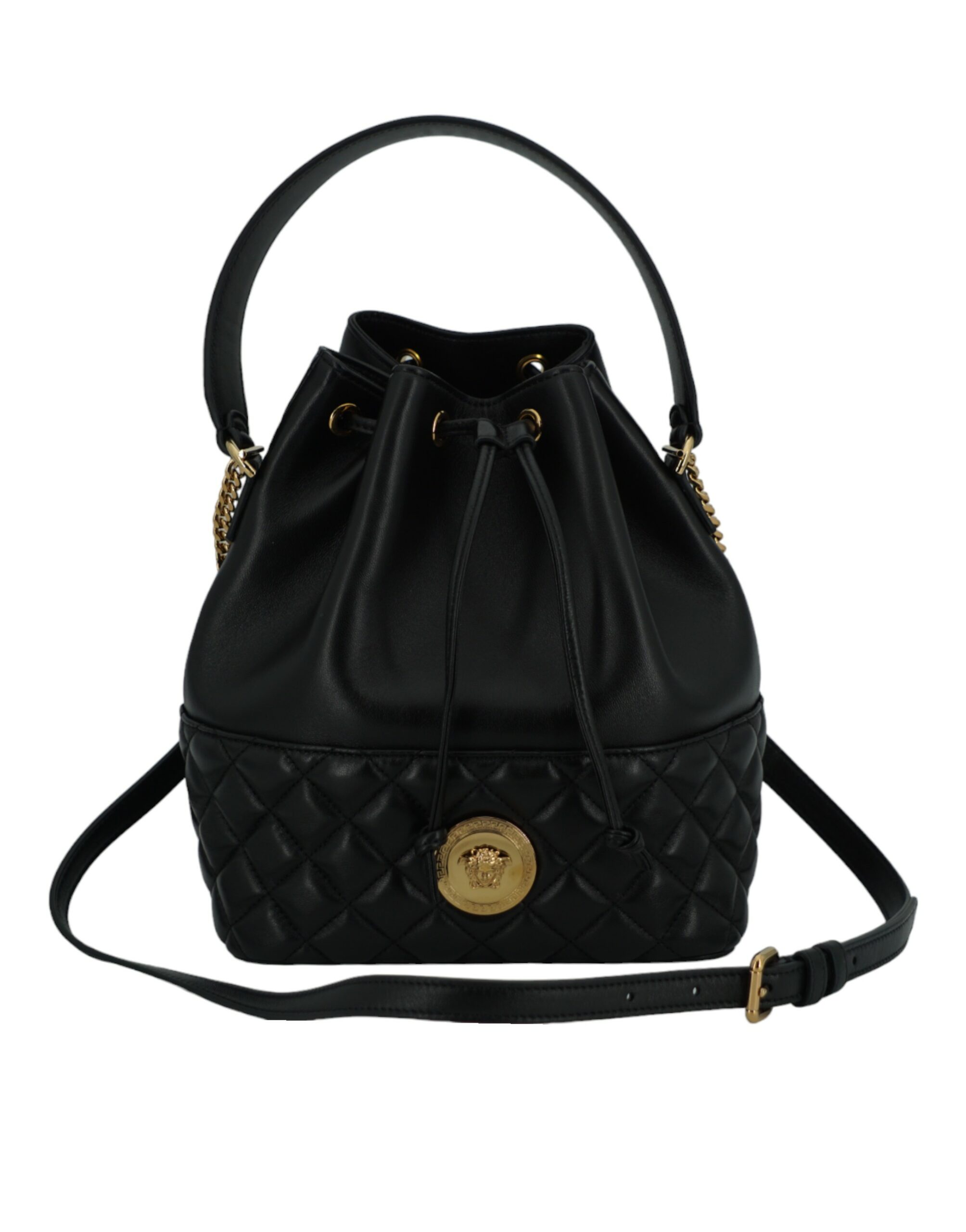 Black Versace Elegant Black Leather Medusa Bucket Shoulder Bag